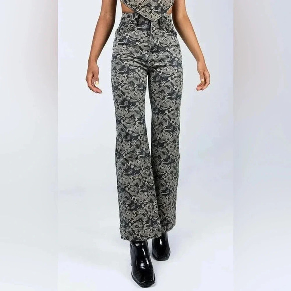 PRINCESS POLLY || Flare Dragon Print Wide Leg Jeans Sz 12 y2k - Picture 3 of 15